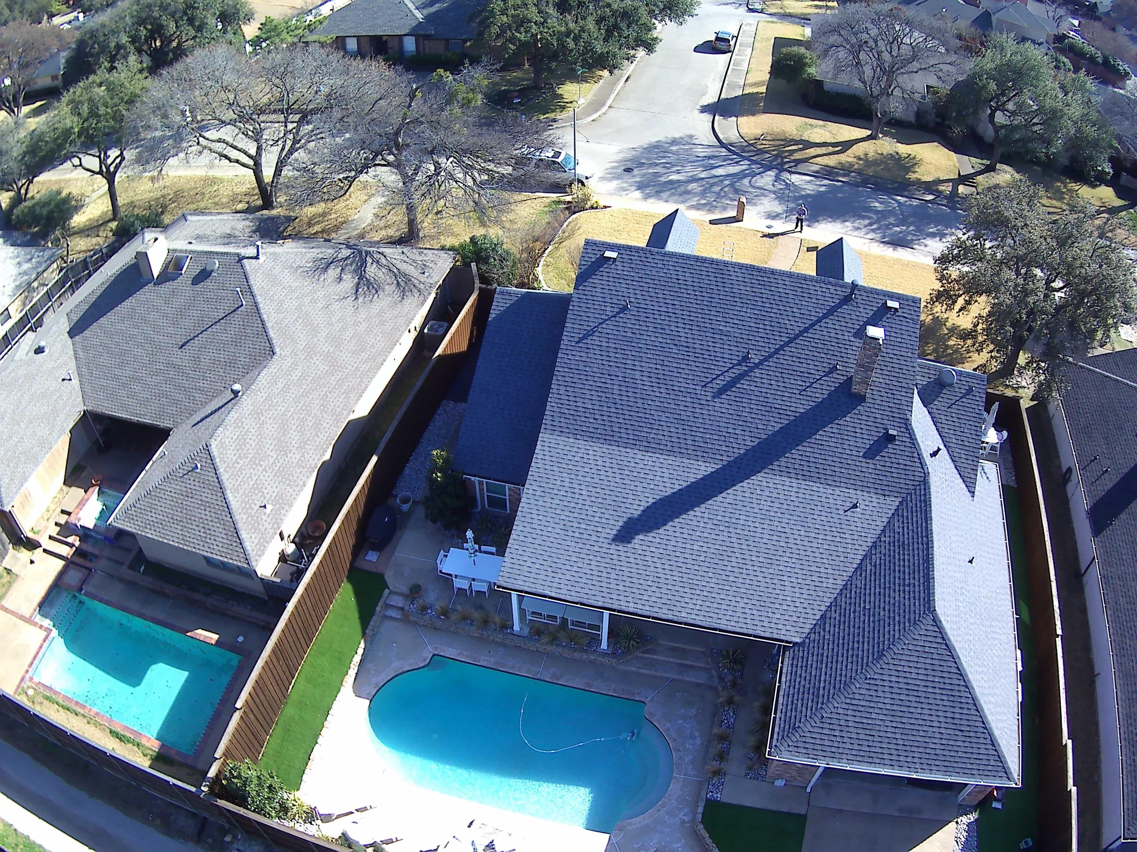 Aerial view of completed roof replacement in North Texas